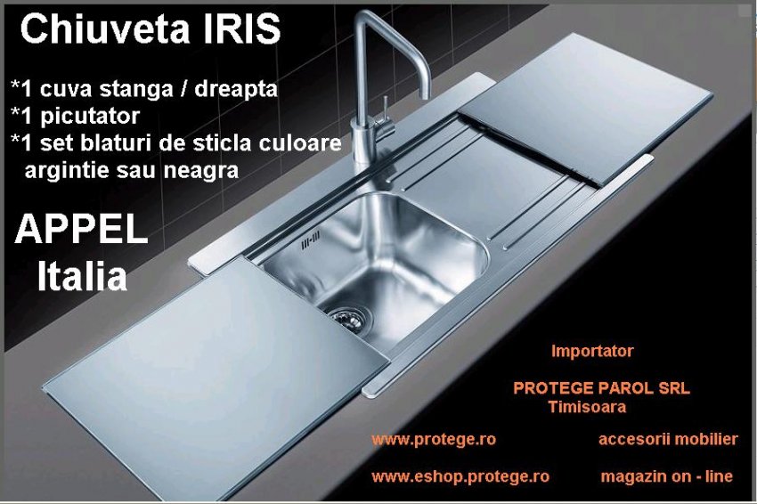 CHIUVETA INCORPORABILA FLAT DIN INOX CU BLATURI DE STICLA, MODEL IRIS - 1 CUVA SI PICURATOR - IR90.2
